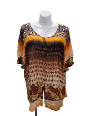 Roaman's Size 1X Geometric Button Front Blouse in Mustard & Black